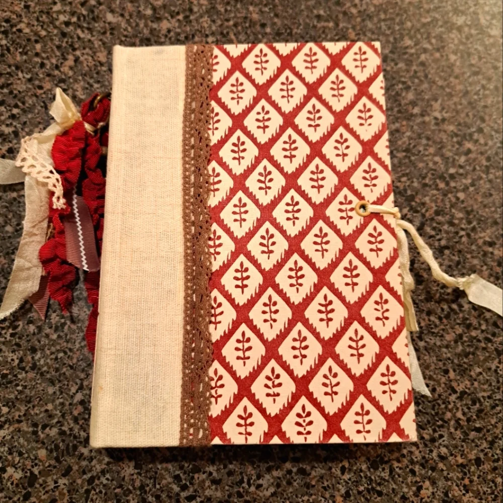 Red and Cream Patterned Junk Journal Hand Made